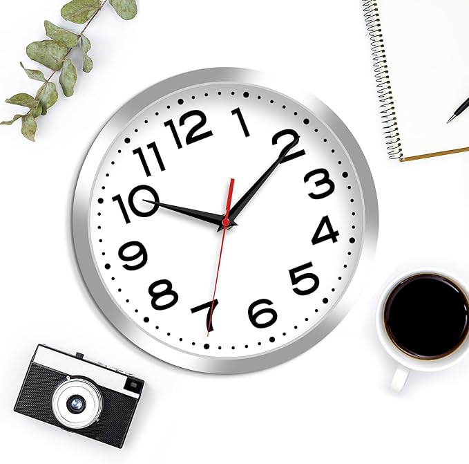 Wall Clock Silent Non-Ticking Modern Clock Battery Operated 10 Inch Small Classic Analog Decorative for Kitchen, Bathroom, Office, Bedroom, Home(Silver)