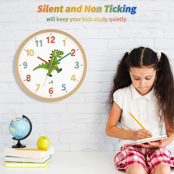 Dinosaur Wall Clock for Kids Bedrooms 12 Inch Silent Non-Ticking Battery Operated Analog Clocks Kids Wall Clock for Classrooms, Kids Bedrooms, Playrooms and Nursery for Toddler Children