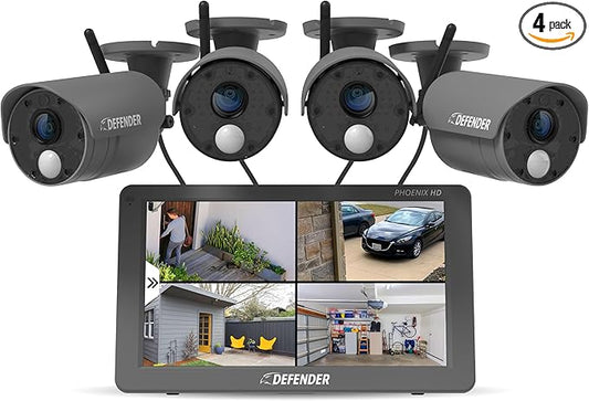 Defender PhoenixHD Wireless Security Camera System with 10.1” Touchscreen Monitor, 4 Outdoor 1080P HD Night Vision Cameras, Plug & Play Home Security System, Two Way Talk, No WiFi Required