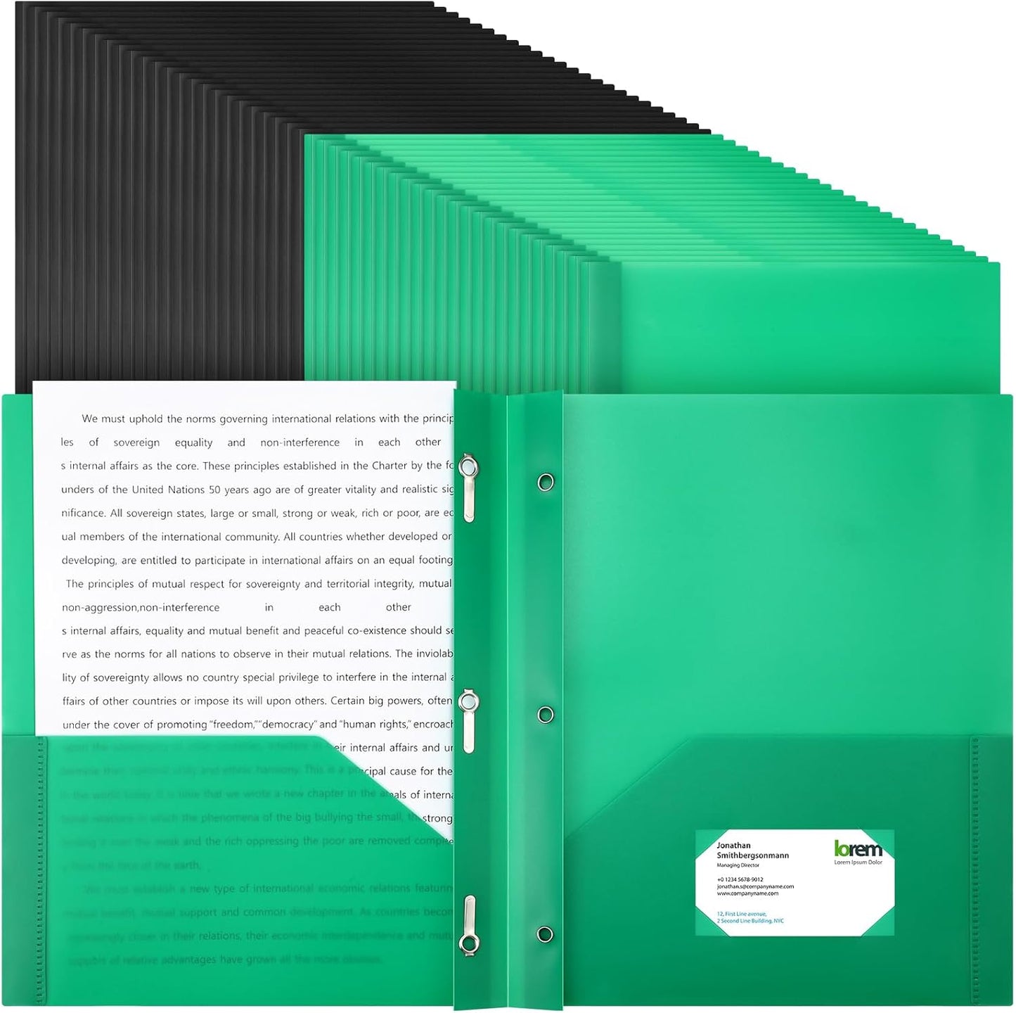 Patelai 48 Pcs Plastic Folders with 2 Pockets and 3 Prongs Home Folders with Card Slot Letter Size Heavy Duty Report Covers for Back to School(Green, Black,Classic)