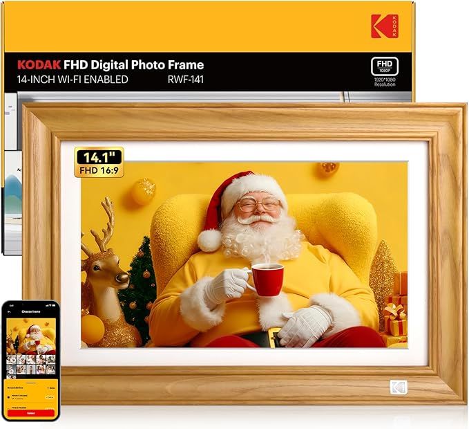 Kodak 14.1 Inch Smart WiFi Digital Picture Frame 1920x1080 Touch Screen, Auto-Rotate, Built in 32GB Memory, Share Photos and Videos for Anywhere Anytime, for Friends and Family (Wood)