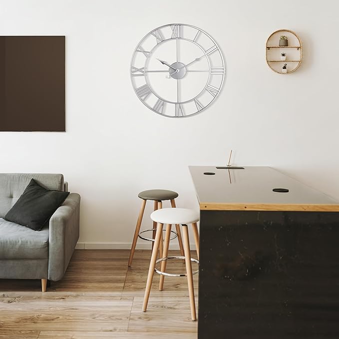 Large Wall Clock for Living Room Decor - 60cm/ 24 Inches Silent Non-Ticking Metal Wall Clocks Battery Operated, Vintage Decorative Modern Wall Clock for Bedroom, Office, Farmhouse Decor