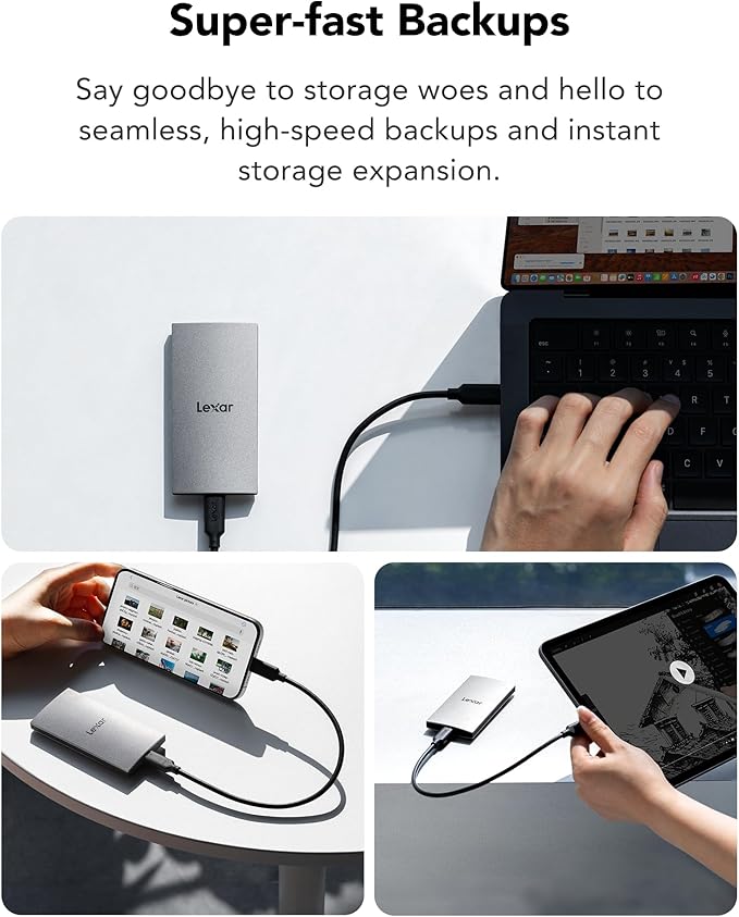 Lexar ES3 1TB External SSD, USB 3.2 Gen2 Portable SSD, PSSD Up to 1050MB/s Read, 1000MB/s Write, External Solid State Drive Compatible with iPhone 16/15 Series/Mac/PS5/XBOX/Laptop/PC, Silver