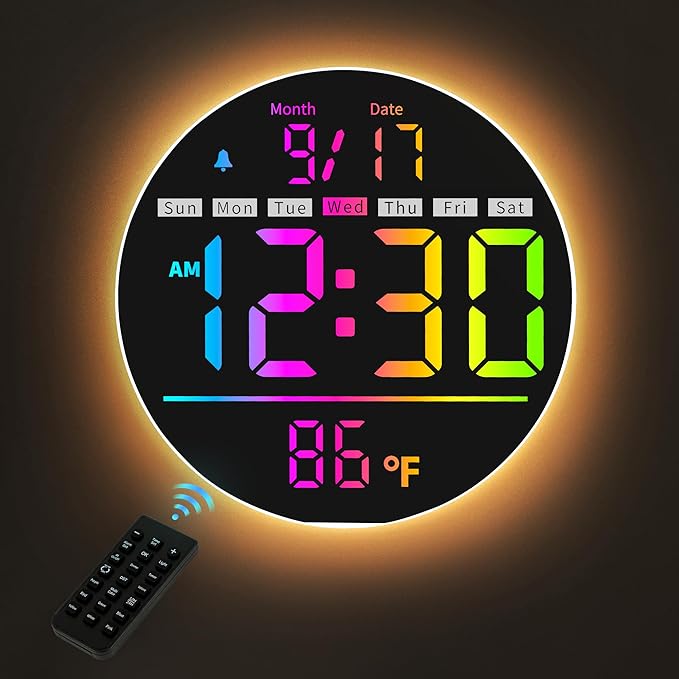 Digital Wall Clock, 8'' Round Digital Clock with Large Display, 11RGB Colors,Remote Control, Auto-Brightness,Temperature,DST,Night Light, Alarm, Count Down Timer for Classroom/Bedroom/Office