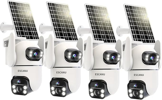 Security Cameras Wireless Outdoor with Dual Lens,Solar Cameras for Home Security with 360° View Pan/Tilt,Night Vision,Waterproof,PIR Alarm,2-Way Audio,SD/Cloud Storage,No Month Fee,2.4GHz WiFi(4 Pack)