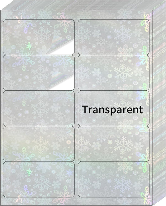 STARLIBOO Transparent Stickers Labels - 2" x 4" Clear Address Labels Mailing Stickers for Laser/Inkjet Printer 8.5"Ã11"- 20 Sheet (Clear Holographic Snowflake)