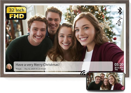 NexFoto 32 Inch Large Digital Picture Frame 64GB, Digital Photo Frame 1920x1080 IPS FHD, Remote Control, Auto-Rotate, Easy to Share Photos/Videos via App/USB, Gifts for Mom Christmas, Dark Wood