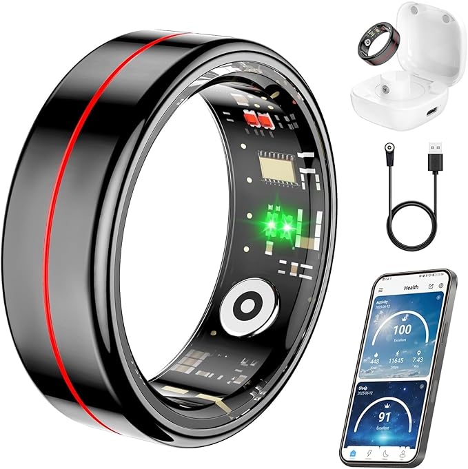Fit Ring, Smart Health Rings for Women Men with Heart Rate,Blood Oxygen,HRV,Stress Level, Sleep Monitor, Step Tracker, No Subscription Fee, IP68 Waterproof Smart Ring for iphone &Android (Black, 8#)