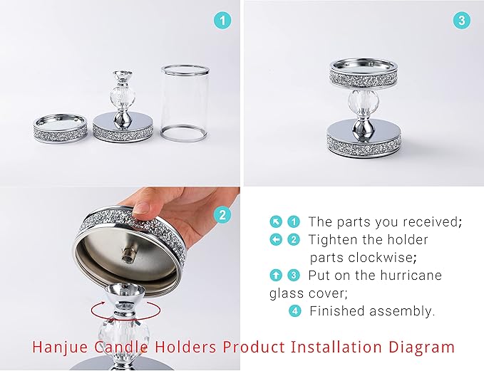 Hanjue Crystal Candle Holders for Pillar Candle, Metal Crystal Candle Holder for Home Decor, Centerpieces, Coffee Dining Table CH0509 (Silver (L))