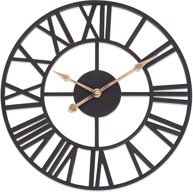 BEW Wall Clocks for Living Room Decor, Black Metal Skeleton Wall Clock Silent Battery Operated, Rustic European Industrial Farmhouse Decorative Wall Clocks for Kitchen, Bedroom, Dining Room-14 in