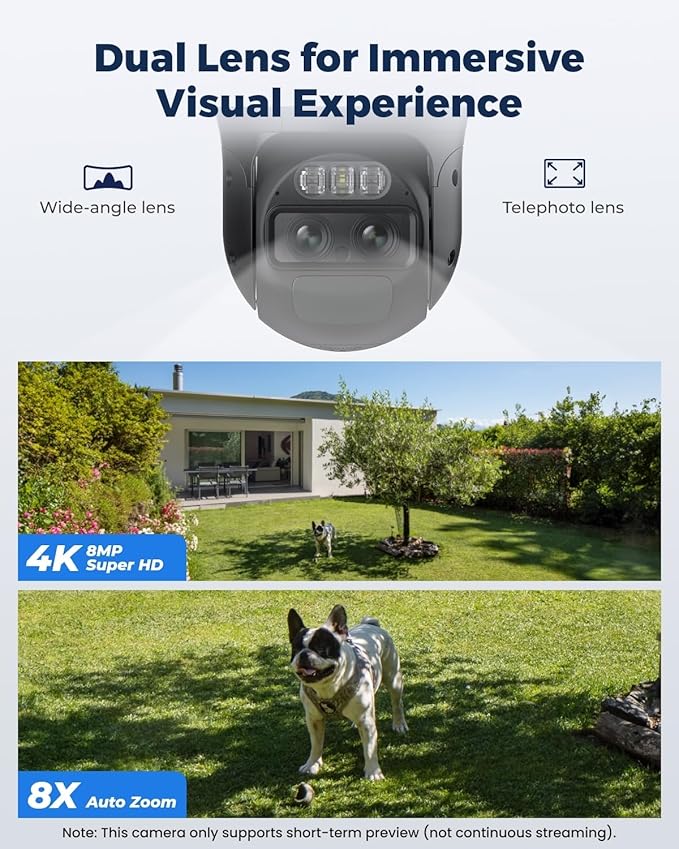 REOLINK 4K Dual Lens Security Camera Outdoor, PTZ with Auto Tracking, No WiFi Solar Powered, 6X Hybrid Zoom, 8MP Color Night Vision, SIM Card Included,Motion Alert TrackMix Series+SP (WiFi Set)