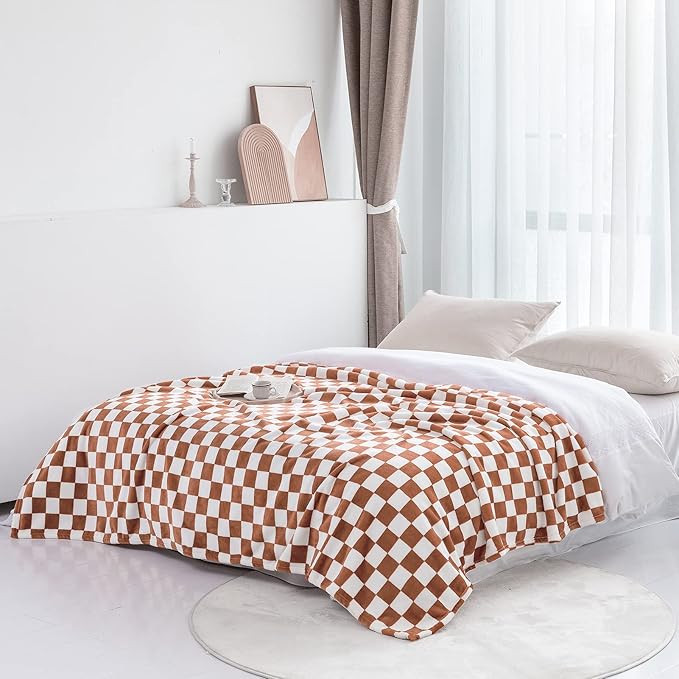 LOMAO Throw Blankets Flannel Blanket with Checkerboard Grid Pattern Soft Throw Blanket for Couch, Bed, Sofa Luxurious Warm and Cozy for All Seasons (Maple Brown, 90"x90")