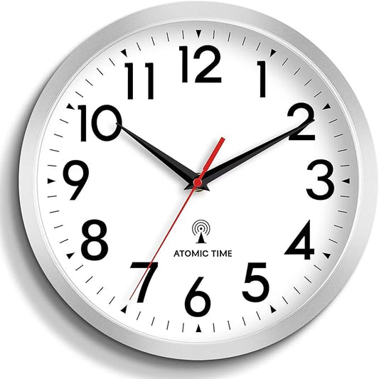 Atomic Wall Clock Analog 12 Inch Battery Operated Modern Decorative for Living Room Kitchen Office Bedroom Bathroom(Silver)
