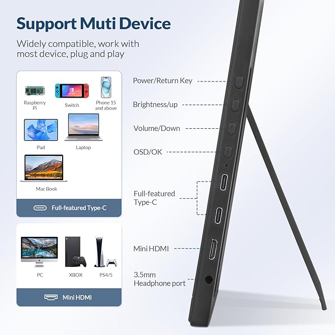 LR Portable Monitor, 16” 1920 * 1200P FHD IPS Screen 16:10, 1500:1 Contrast Ratio, USB-C HDMI Travel Monitor with Rotating Stand, External Second Display for Laptop/PC/Mac/Phone/Switch/Xbox/PS4/5