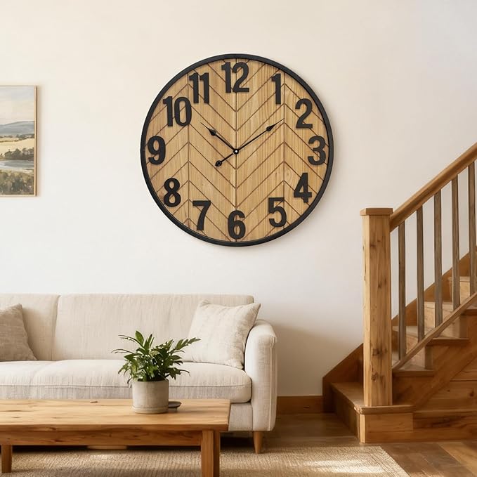 30 Inch Large Wall Clock, Oversized Wooden Farmhouse Wall Clock with Black Metal Frame, Battery Operated Non-Ticking Silent Wall Clocks for Living Room, Kitchen, Bedroom Decor (Brown)