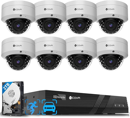 4COVR 4K PoE Security Camera System with Audio, 8X 8MP IK10 Vandal-Proof IP67 Dome IP Camera, 8 Channel 4K NVR 2TB HDD, AI Human Vehicle Detection & Night Vision, 24/7 Home Recording, LY54AX8M0808