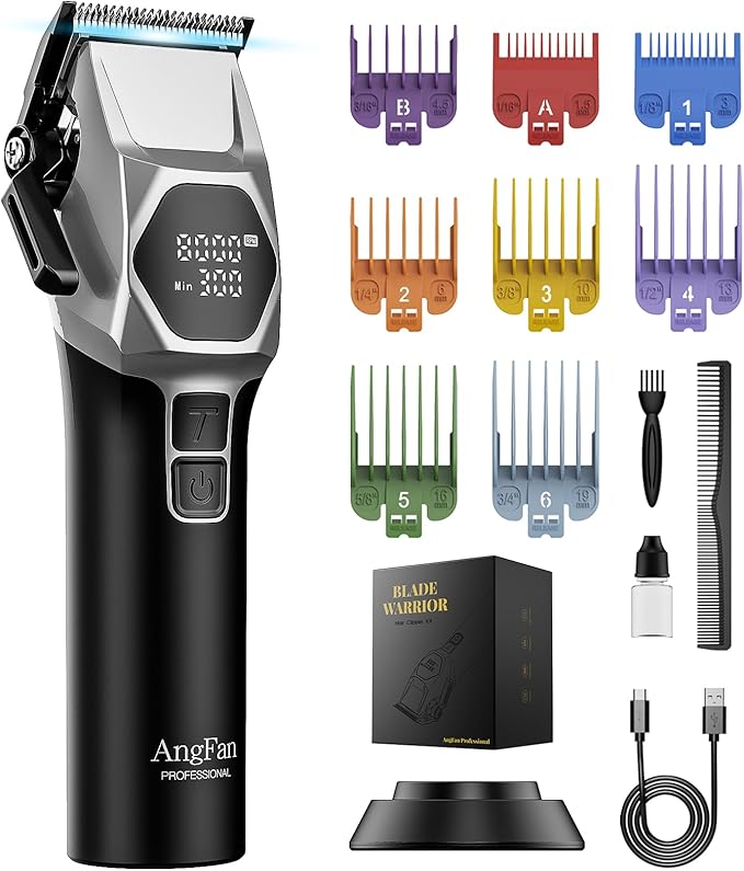 Professional Cordless Hair Clippers for Men - 8000RPM 5-Speed Motor with 440C Black Oxide Blades, Barber Clippers Kit with Charging Dock & 8 Guards,Salon Grade Hair Cutting Set for Barbers
