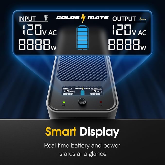 GOLDENMATE 1000VA/800W Lithium UPS Battery Backup and Surge Protector, Sinewave UPS System with LiFePO4 Battery(230.4 Wh), 2025 Upgraded Pro Ver. with Communication Port, 8 Outlets, LCD Display, White
