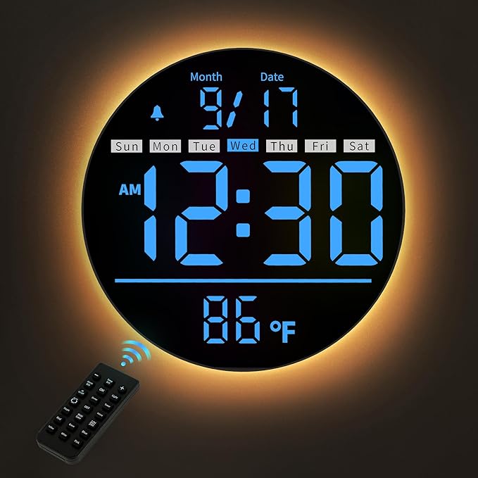 Digital Wall Clock, 8'' Round Digital Clock with Large Display, 11RGB Colors,Remote Control, Auto-Brightness,Temperature,DST,Night Light, Alarm, Count Down Timer for Classroom/Bedroom/Office