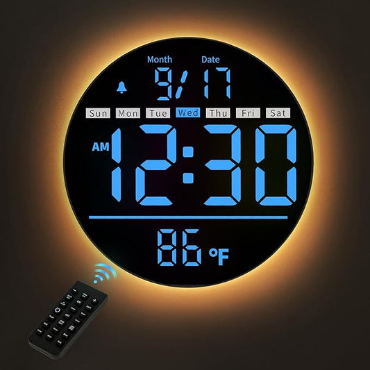 Digital Wall Clock, 8'' Round Digital Clock with Large Display, 11RGB Colors,Remote Control, Auto-Brightness,Temperature,DST,Night Light, Alarm, Count Down Timer for Classroom/Bedroom/Office
