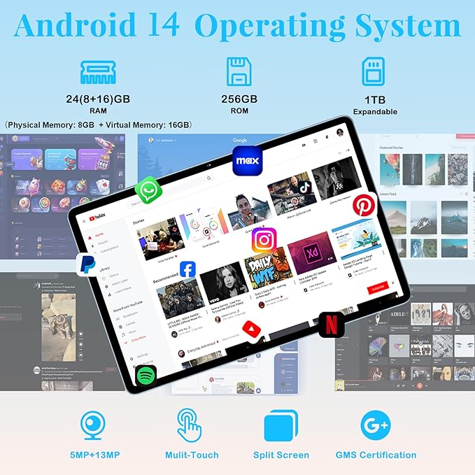 11 Inch Tablet, 2025 Android 15 Tablets with Octa Core, 24GB+256GB, 13+5MP Camera, Electronics Tablets with Widevine L1, 8000mAh Battery, 5G WiFi, GPS, HD IPS Display, 1TB Expand, BT 5.0 -Metal Blue