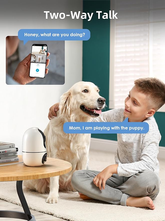 virtavo Indoor Security Camera, Dual-Lens 360° PTZ WiFi Baby Pet Monitor for Home, Motion Tracking, 2-Way Audio, Night Vision, No Subscription, WiFi6 2.4GHz/5GHz, SD & Cloud Storage, Works with Alexa