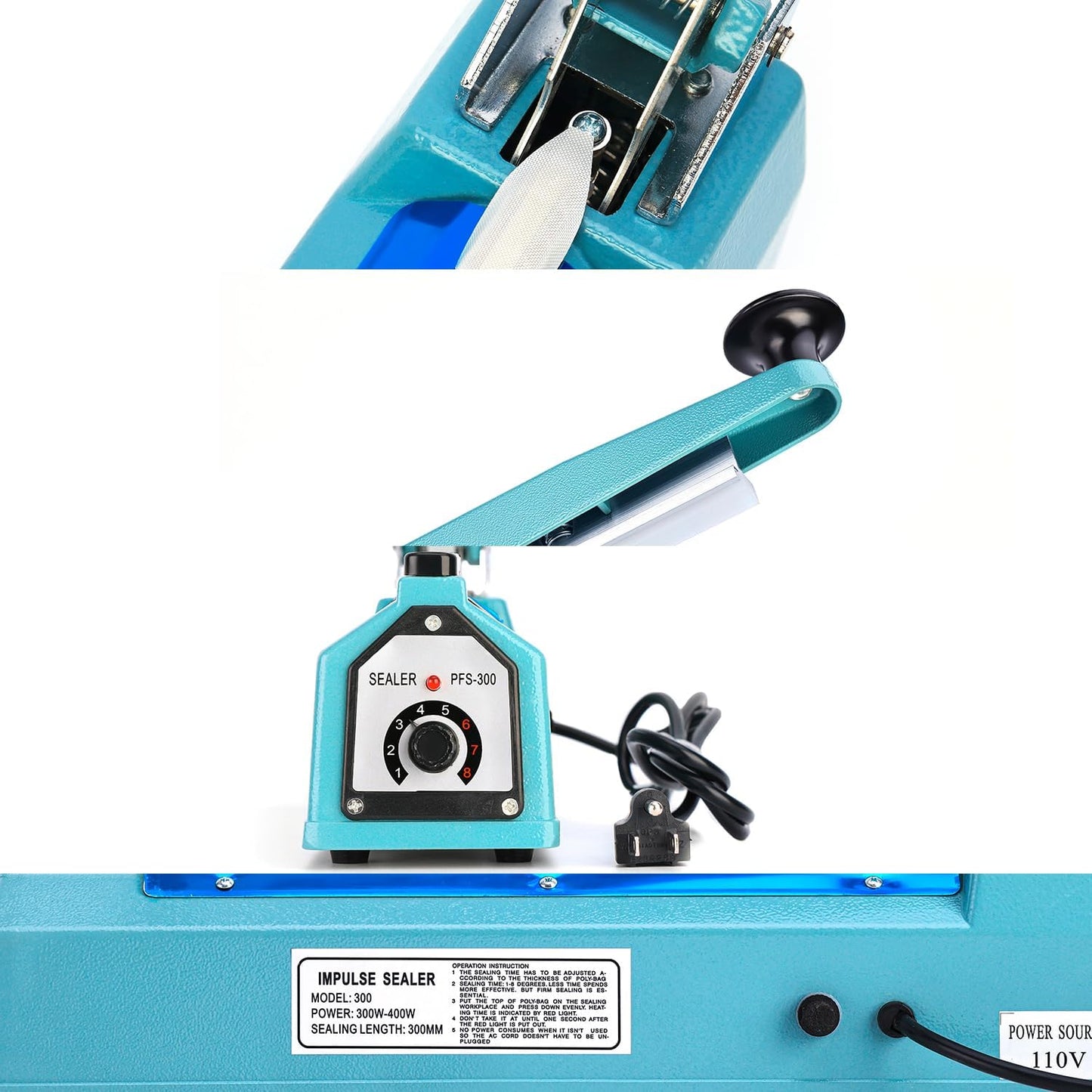 Sealer Pro, Patented 8inch Impulse Heat Bag Sealer, 2mm Sealing Width Poly Bag Seal Machine, 2 Replacement Kits 2 Fuses Included, Blue