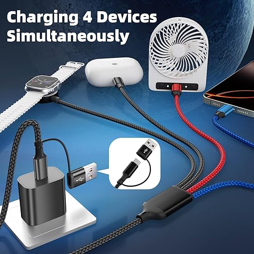 Dual Type-C Port 4 in 2 USB C Cable for Apple iWatch Charger/iPhone 17, Travel Charger Multi Charging Cable Cord for iWatch Ultra/SE/10-1, iPhone16-8, iPad, Android, Car, Cruise Essentials - 1Pc 5FT