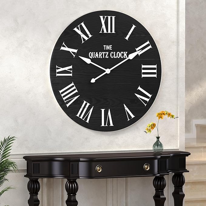 ARTPOWER Large Farmhouse Wall Clock, 35.5” Shiplap Wall Clock with Roman Numeral, Nearly Non-Ticking, Round Wall Clocks for Living Room Decor, Office, Bedroom, Entrance, Black