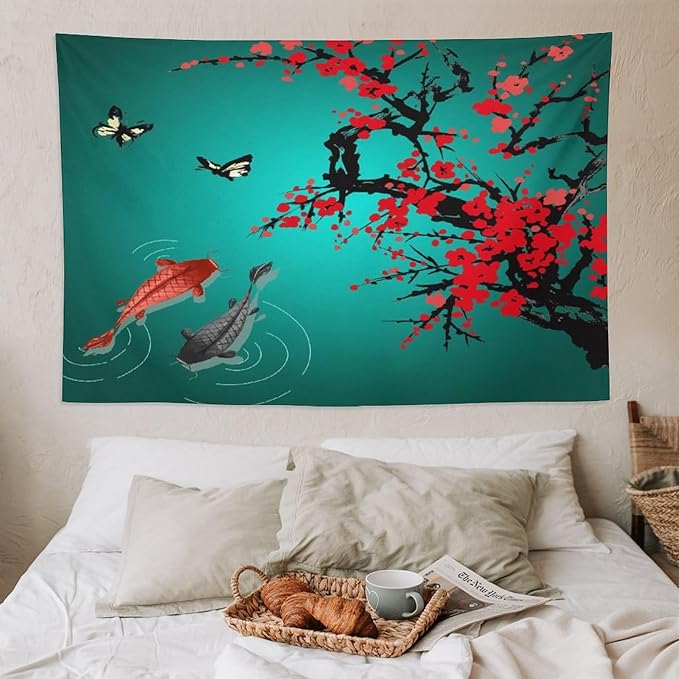 Houselerax Japanese Koi Fish Tapestry, Cherry Blossoms Asian Oriental Green Teal Floral Branch Koi Fish Carp Tapestries Wall Hanging for Bedroom Living Room Office Decor 90"x60"