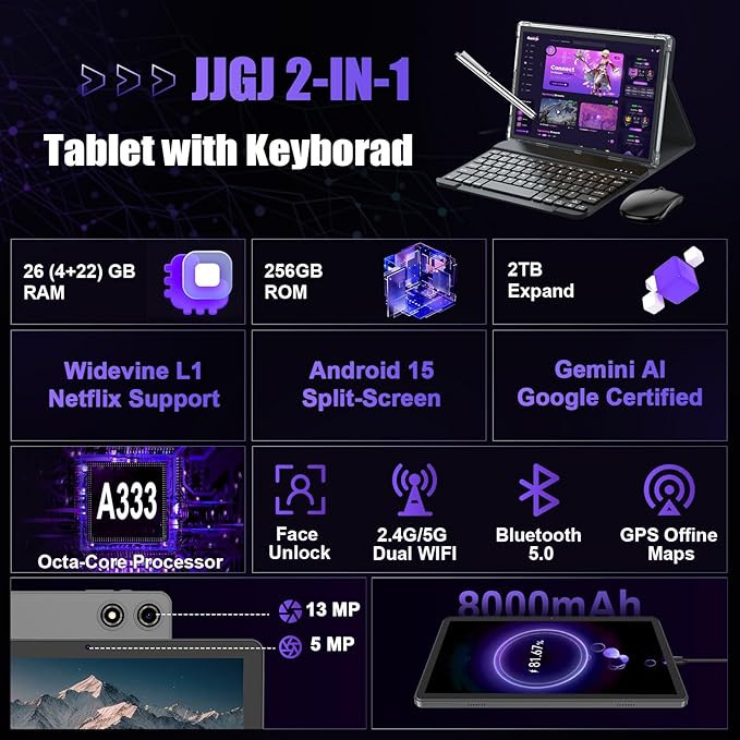 2026 Android 15 Tablet 10 Inch, 26GB+256GB+2TB Expand, 2 in 1 Tablets with Keyboard Case Mouse Stylus, 8000mAh Battery, Octa-Core, Dual Camera, Supports Widevine L1, 5G WiFi, GPS（Black Case）