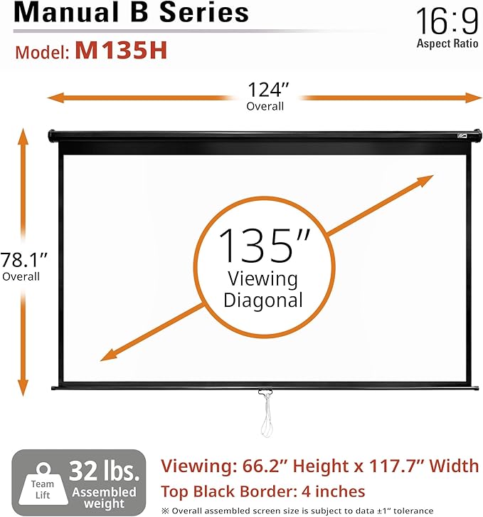 Elite Screens Manual B, 135-INCH Manual Pull Down Projector Screen 16:9 Diag 4K 8K 3D Ultra HDR HD Ready Home Theater Movie Office Presentation Projection Screen, M135H