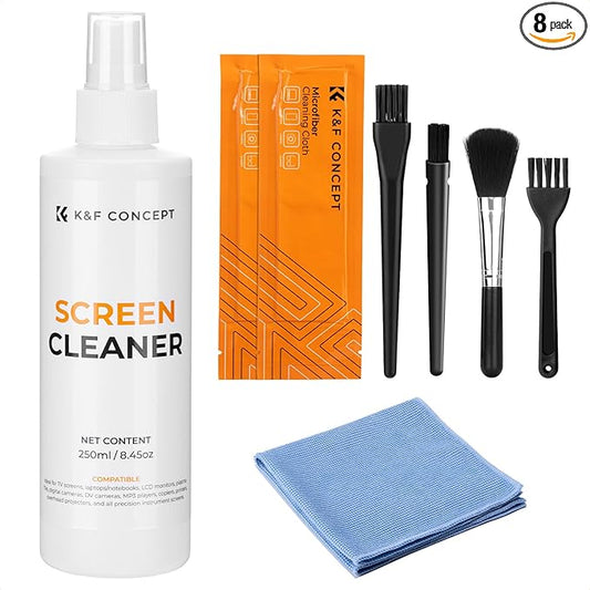 K&F CONCEPT 250ML Screen Cleaner Spray + Large Pearl Cloth + Microfiber Cloths*2 + 4 Brushes - Travel Size Electronic Cleaner for Car, Computer, Laptop, iPad, MacBook, Phone, Watch, Eyeglass