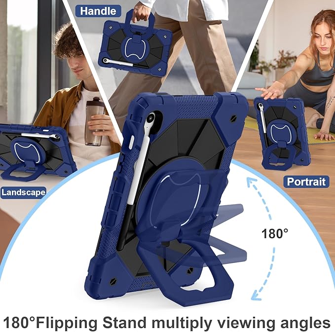 Case for Samsung Galaxy Tab S10 Lite / S10 FE / S9 FE 10.9 Inch & Galaxy Tab S9 11 Inch, Rugged Samsung S10 FE Case with Pen Holder 360 Rotating Stand Shoulder Strap Screen Protector,Navy Black