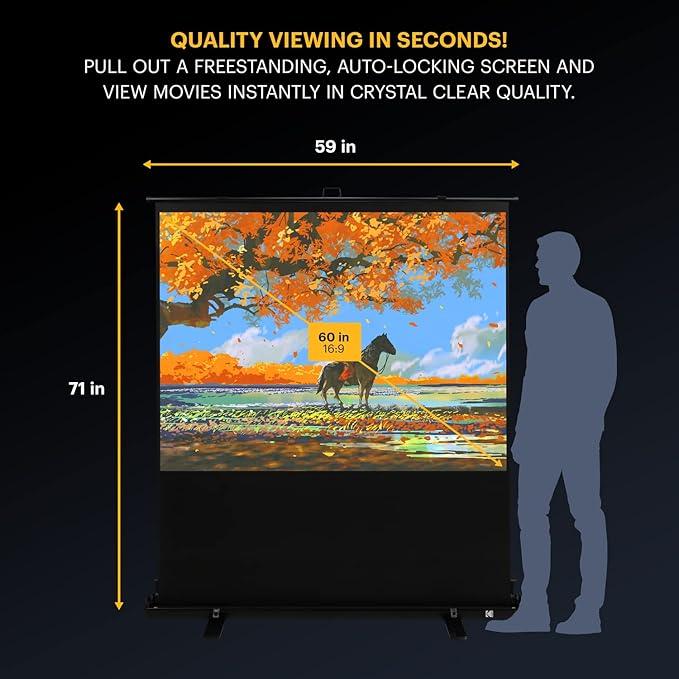 Kodak Portable Projector Screen | 60” Indoor & Outdoor 16:9 Video Projection Surface & Stand with Carry Handle | 1080p, 4K/8K UHD, 3D & HDR Ready | Fast Setup for Movies, Office Presentations & More