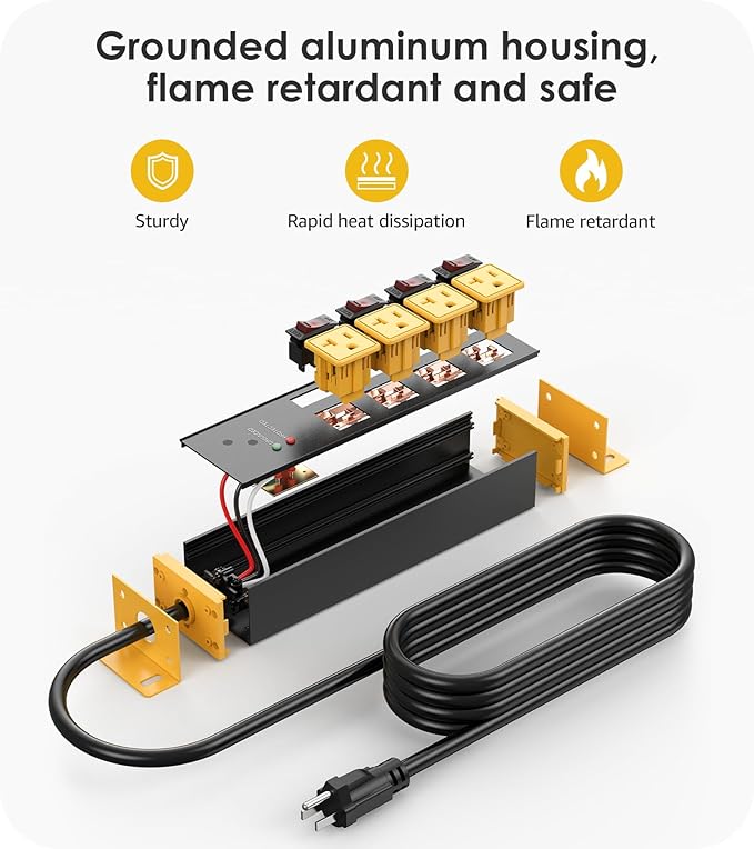 CCCEI Heavy Duty Surge Protector Power Strip 20 Amp Individual Switches. 6FT 12 Gauge Extension Cord with Multiple Outlets. Kitchen, Garage, Shop, Industrial Wall Mount Electric Extender, Yellow.