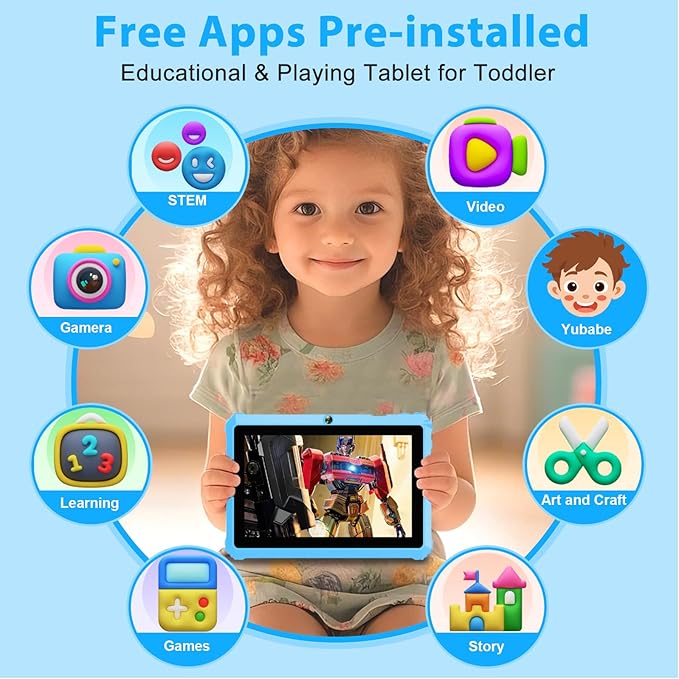 YINOCHE Kids Tablet 7" Android Tablet for Kids 3-7 32GB Tablets for Toddlers with Case WiFi Parental Control Dual Camera Tabletas GMS Certified Toddler Learning Tablets for Children (Blue)