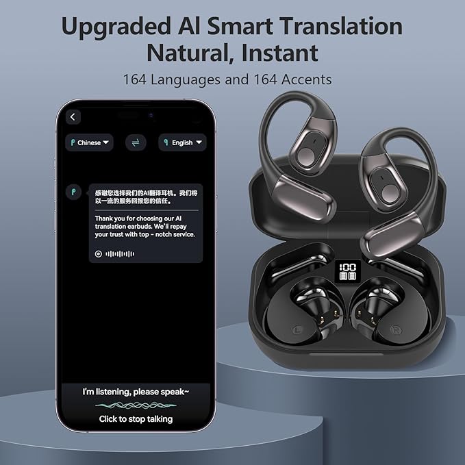 AI Translation Earbuds Real Time, 3-in-1 Translator Earbuds 164 Languages & Accents, Audifonos Traductores Inglés Español,Open Ear Wireless Headphones with Charging Case fit iOS & Android