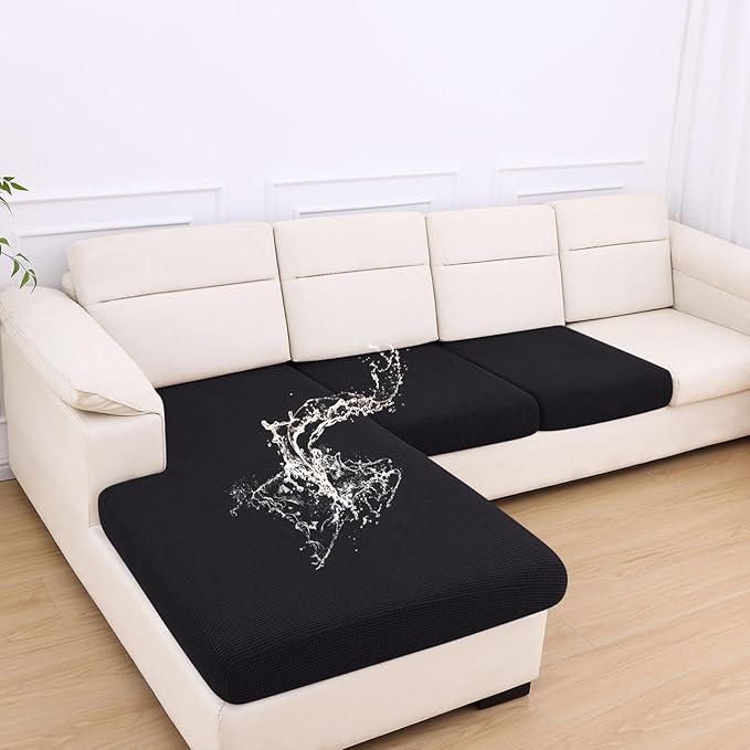 hyha Waterproof Couch Cushion Covers for Pets, Non Slip Sofa Seat Cover for Dogs Washable, Soft Thick Stretch Jacquard Fabric, Sofa Slipcovers with Elastic Bottom (1 Chaise+2 Seater, Black)