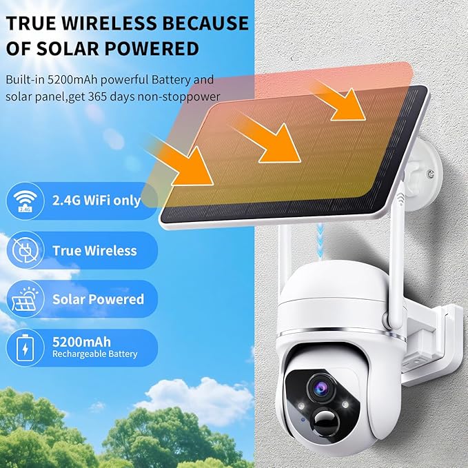 Solar Security Wireless Camera 3MP 360° View Solar Battery Powered WiFi Camera AI Motion Detection/2-Way Talk/Spotlight/Siren/IP65/Cloud/Up to 512G SD Storage( About 180 Days Storage SD Card Included)