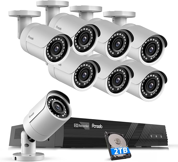 PoE Security Camera System 4K, 8pcs 8MP Wired Bullet IP PoE Cameras Outdoor w/Mic, AI Person Detection, 4K/8MP 8 Channel NVR 2TB HDD, 110ｰ Wide Angle, 100ft IR Night Vision, PB37F0808-8M