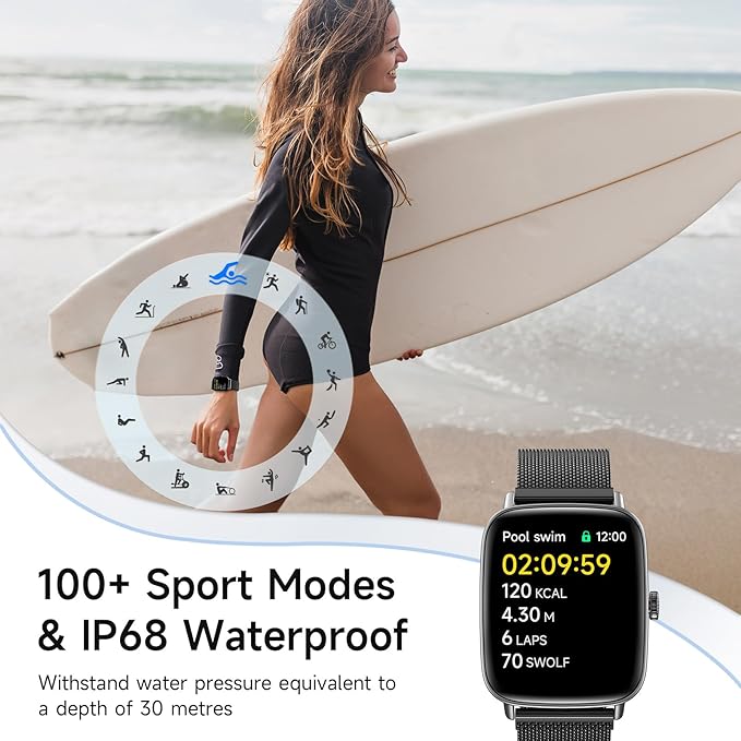 Smart Watch for Women, 1.85" HD Smartwatch Compatible iPhone/Samsung/Android (Answer/Make Calls), 100+ Sport Modes Fitness Tracker with Heart Rate/Sleep/SpO2 Monitor, IP68 Waterproof, Metal Band
