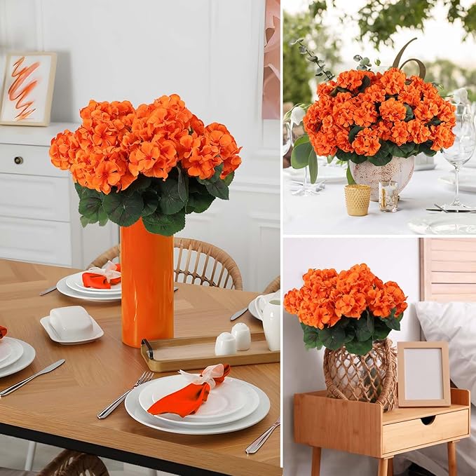 Hananona 6 Bundles Artificial Geranium Flowers for Outdoors Orange Silk Geranium Flowers Outdoor UV Resistant Plants Faux Fall Flower for Home Kitchen Autumn Table Centerpieces Decor (6, Orange)