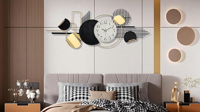 Large Modern Wall Clock,Metal Black White Wall Clock Silent Non-Ticking, Battery Operated,57x 23 Inches Wall Art,Oversized Decorative Metal Clock for Living Room,Dinner Room,Bedroom
