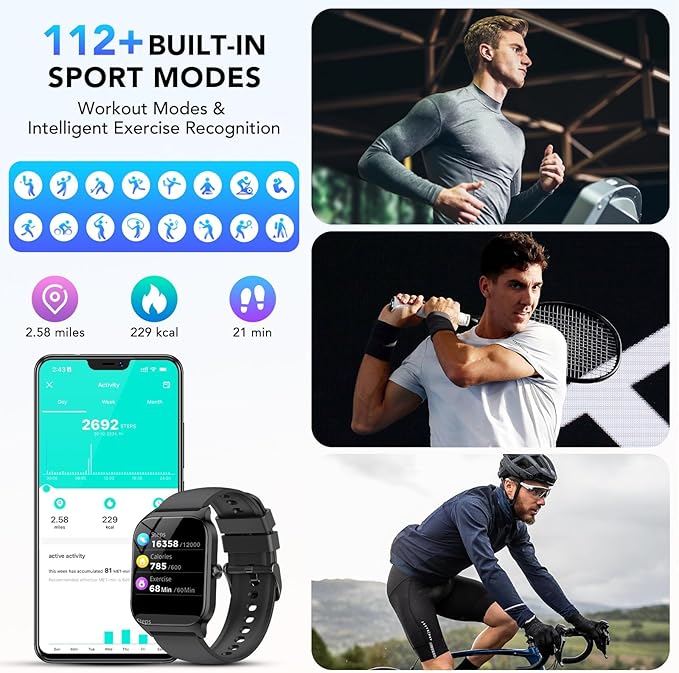 Smart Watch for Men Women, 1.85" HD Fitness Tracker with Bluetooth Calls/AI Voice Control, IP68 Waterproof, 115+Sports Modes, 24/7 Heart Rate/Sleep Fitness Watch Compatible with iOS/Android, Black