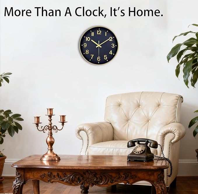 Wall Clocks Battery Operated, 12Inch Non Ticking Digital Wall Clock, Silent Analog Clock for Bedroom Living Room Kitchen Office Hotel Decor, Navy Blue Large Number Clocks for Seniors Elderly