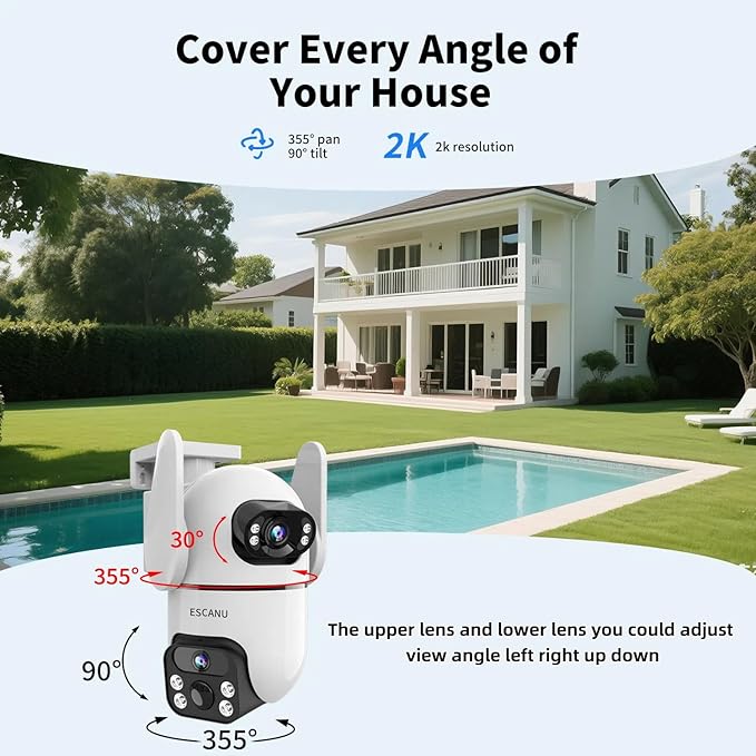 Dual Lens Security Cameras Wireless Outdoor for Home Security,WiFi,2-Way Audio,Night Vision,Motion Detection,No mothly fee Cameras,IP65 Water Proof