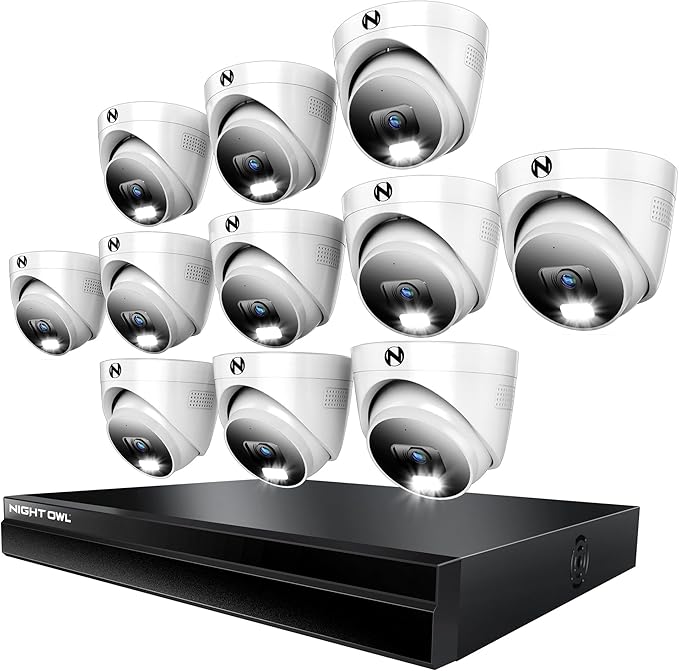Night Owl Power Over Ethernet 24 Channel NVR Video Home Security Camera System with (11) Wired IP 4K HD Indoor/Outdoor Deterrence Dome Cameras and 4TB Hard Drive (11 Camera)