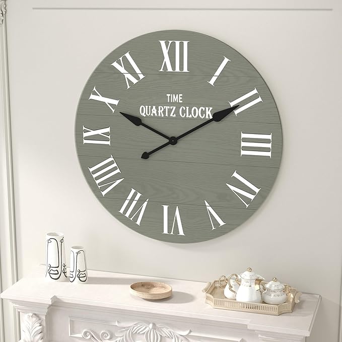 ARTPOWER Large Farmhouse Wall Clock, 35.5” Shiplap Wall Clock with Roman Numeral, Nearly Non-Ticking, Round Wall Clocks for Living Room Decor, Office, Bedroom, Entrance, Sage Green