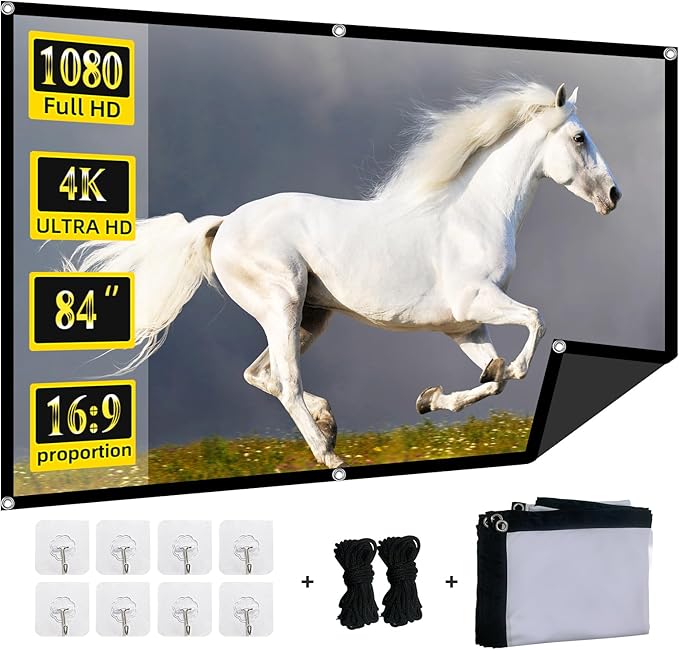 Foldable 84-inch Projector Screen,XINLEMY 4k 16:9 Anti-Crease Portable Washable Projector Backing Black Absorbs Light Movies Screens for Home Theater Backyard Indoor and Outdoor Camping